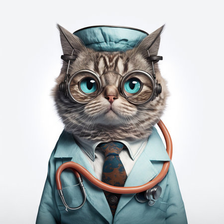 Cat in a doctor, mdical worker outfit on a light background. Generative AI.の素材