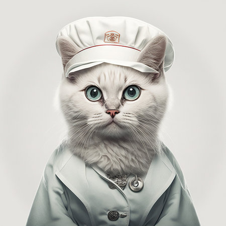 Cat in a doctor, mdical worker outfit on a light background. Generative AI.の素材