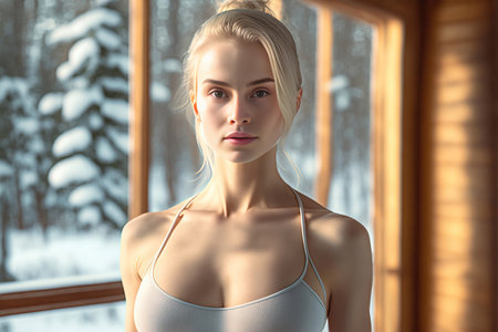 portrait of beautiful girl in white underwear standing near window in winter forestの素材