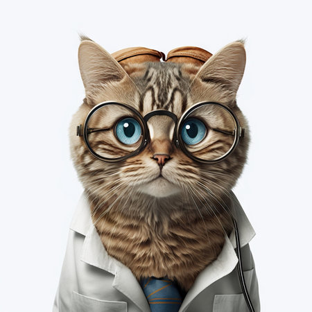 Cat in a doctor, mdical worker outfit on a light background. Generative AI.の素材
