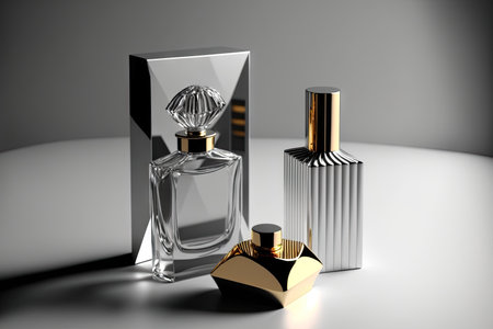 Collection of transparent multi color glass perfume bottles on a light background. Art composition still life. Stylish perfume banner. Generative AI.の素材