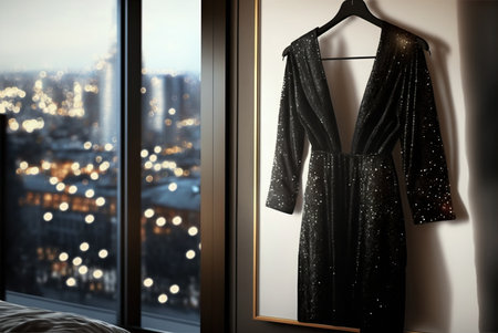 Beautiful black evening sparkly dress for wedding, party or prom hanging by the window on a hanger. Generative AIの素材