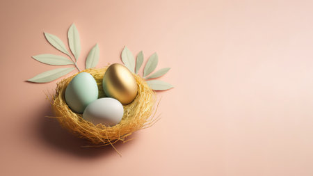 Little nest with eggs. Pastel easter background. Generative AI.の素材