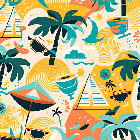 Abstract illustration with colorful geometric and natural elements. Summer tropical theme. Generative AIの素材