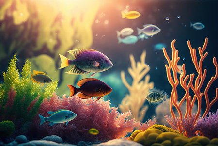 Colorful tropical fish swimming in the ocean. Generative AIの素材