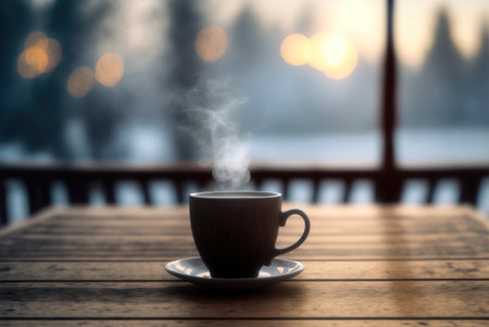 Cup of hot beverage on a breezy winter morning. Generative AIの素材