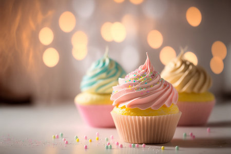 Delicious muffins, cupcakes, festive light background. Generative AIの素材