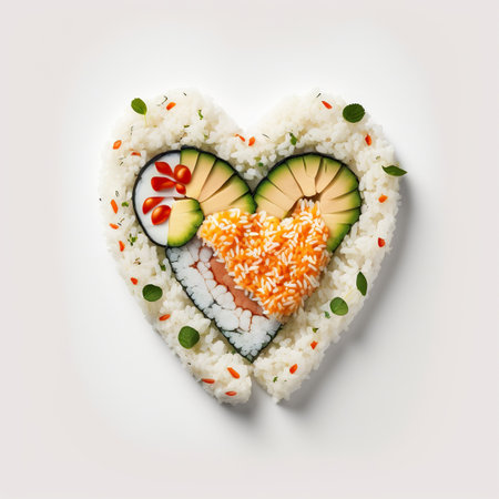 Creative concept Valentine's day sushi in shape of heart on white background. Generative AIの素材