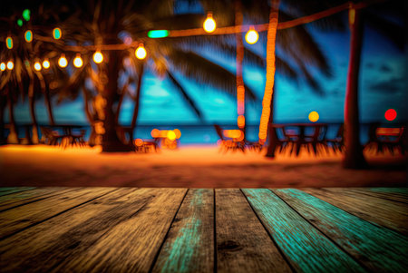 Wooden table top in a beach bar, blurred light bokeh, cafe, restaurant background. Generative AIの素材