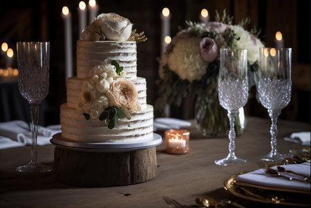 Elegant layered wedding cake. Generative AIの素材