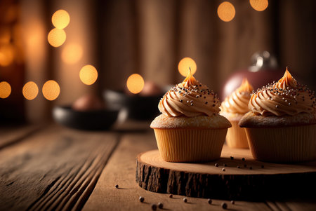 Delicious muffins, cupcakes, rustic background. Generative AIの素材
