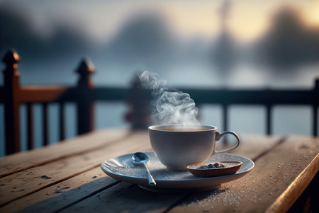 Cup of hot beverage on a breezy winter morning. Generative AIの素材