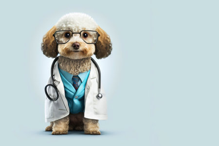 Dog in a doctor, medical worker outfit on a light background. Generative AI.の素材