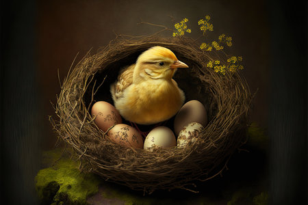 Little nest with eggs. Easter background. Generative AI.の素材