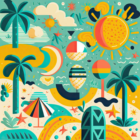 Abstract illustration with colorful geometric and natural elements. Summer tropical theme. Generative AIの素材