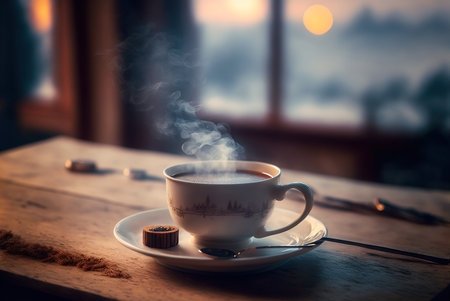 Cup of hot beverage on a breezy winter morning. Generative AIの素材