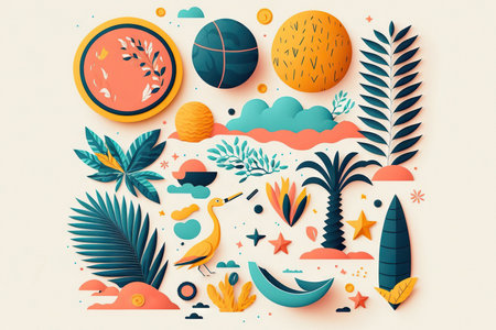 Abstract illustration with colorful geometric and natural elements. Summer tropical theme. Generative AIの素材