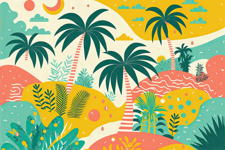 Abstract illustration with colorful geometric and natural elements. Summer tropical theme. Generative AIの素材