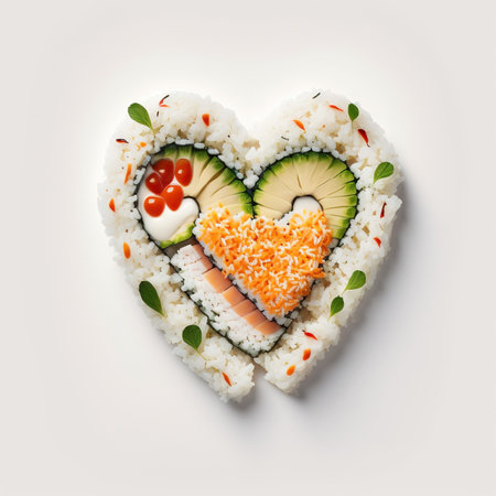 Creative concept Valentine's day sushi in shape of heart on white background. Generative AIの素材