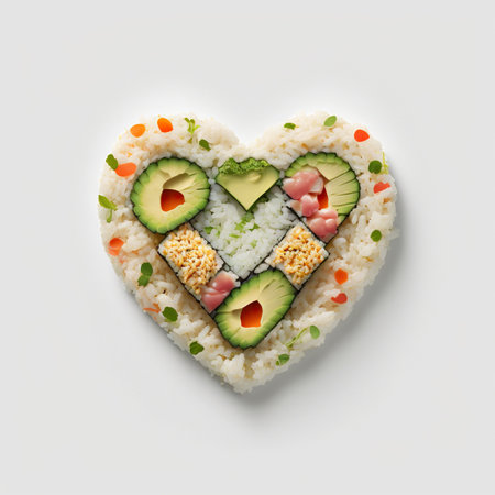Creative concept Valentine's day sushi in shape of heart on white background. Generative AIの素材