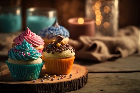 Delicious muffins, cupcakes, rustic background. Generative AIの素材