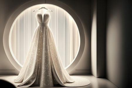 Elegant classic wedding dress on hanger. natural light. Generative AIの素材