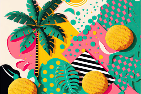 Abstract illustration with colorful geometric and natural elements. Summer tropical theme. Generative AIの素材