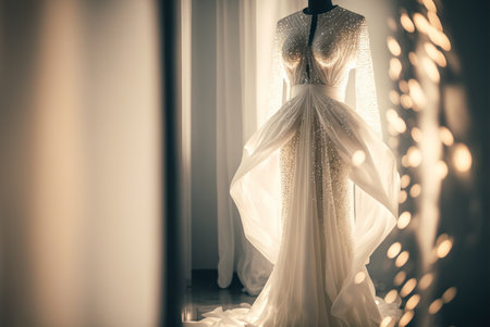 Elegant classic shimmery wedding dress on hanger. dream light. Generative AIの素材