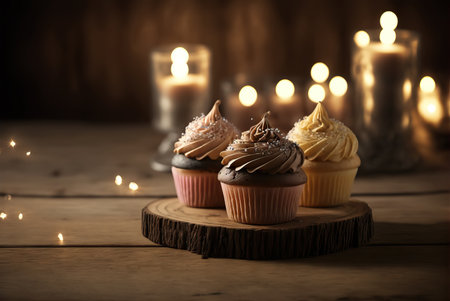 Delicious muffins, cupcakes, rustic background. Generative AIの素材