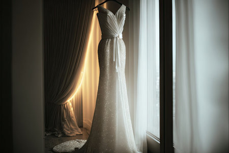 Elegant classic wedding dress on hanger. natural light. Generative AIの素材