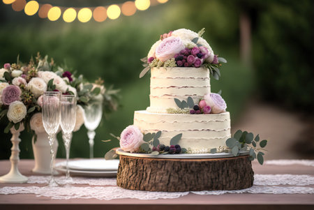 Elegant layered wedding cake. Generative AIの素材