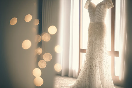 Elegant classic shimmery wedding dress on hanger. dream light. Generative AIの素材