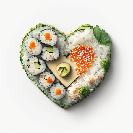 Creative concept Valentine's day sushi in shape of heart on white background. Generative AIの素材