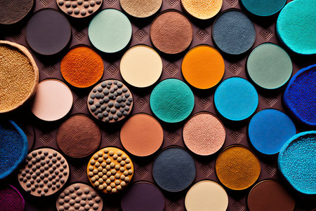 Stylish fashion eyeshadows makeup arrangement colorful pattern background. Generative AIの素材