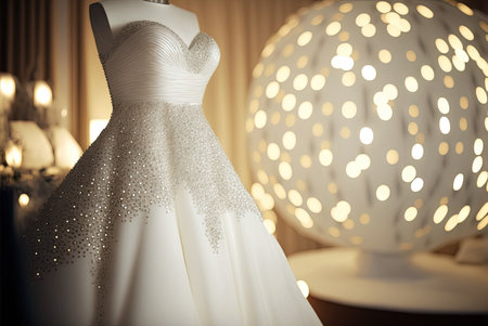 Elegant classic shimmery wedding dress on hanger. dream light. Generative AIの素材