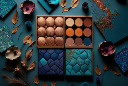 Stylish fashion eyeshadows makeup arrangement colorful pattern background. Generative AIの素材