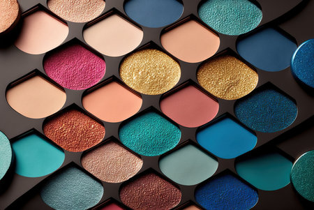 Stylish fashion eyeshadows makeup arrangement colorful pattern background. Generative AIの素材