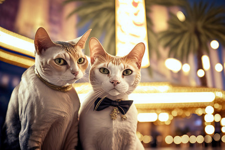 Fashion dressed cats having fun in night city, funny illustration. Generative AIの素材