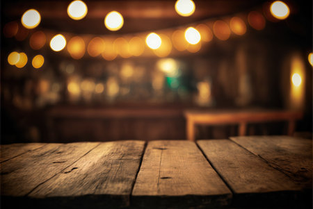 Wood table top in a bar, blurred light bokeh, cafe, restaurant background. Generative AI.の素材