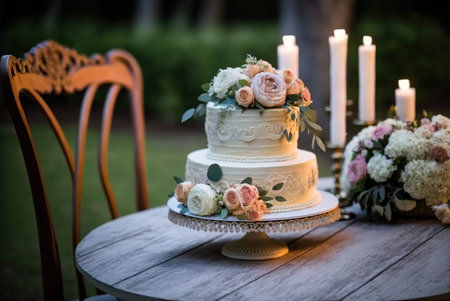 Elegant layered wedding cake. Generative AIの素材