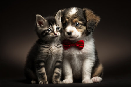 Cat and dog on dark background. Generative AIの素材