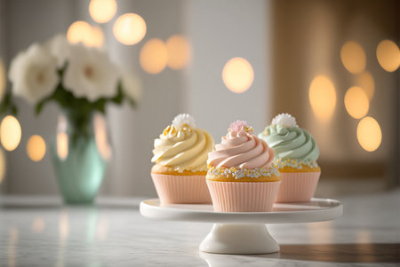 Delicious muffins, cupcakes, festive light background. Generative AIの素材