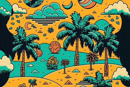 Abstract illustration with colorful geometric and natural elements. Summer tropical theme. Generative AIの素材
