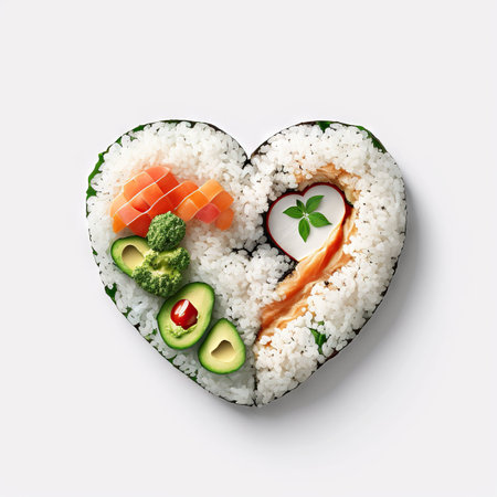 Creative concept Valentine's day sushi in shape of heart on white background. Generative AIの素材