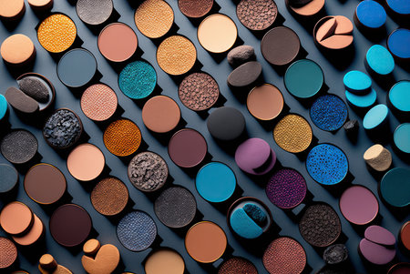 Stylish fashion eyeshadows makeup arrangement colorful pattern background. Generative AIの素材