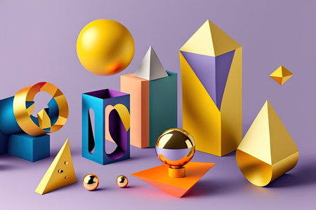Abstract scene with colorful geometric 3d style elements. Generative AIの素材