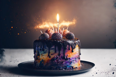Fantasy design space birthday cake with burning candles. Generative AIの素材