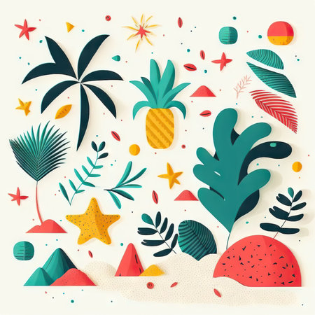 Abstract illustration with colorful geometric and natural elements. Summer tropical theme. Generative AIの素材