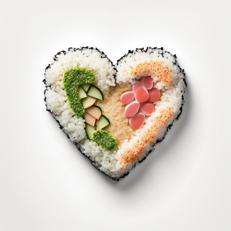 Creative concept Valentine's day sushi in shape of heart on white background. Generative AIの素材