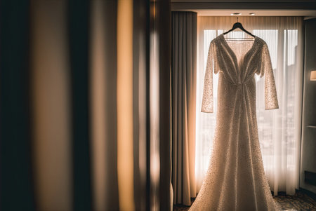 Elegant classic shimmery wedding dress on hanger. dream light. Generative AIの素材
